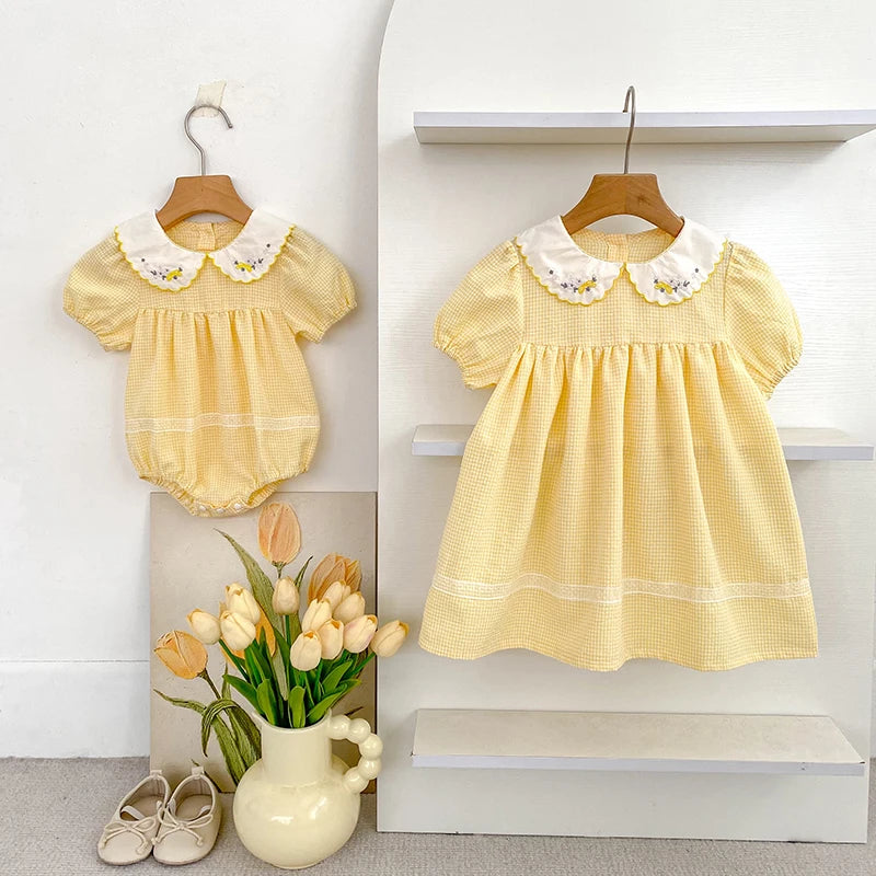 2026 Summer Baby Girl Embroidered Collar Bodysuits 0-24M Baby Girl Romper Newborn Short Sleeved Baby Girl Yellow Jumpsuit