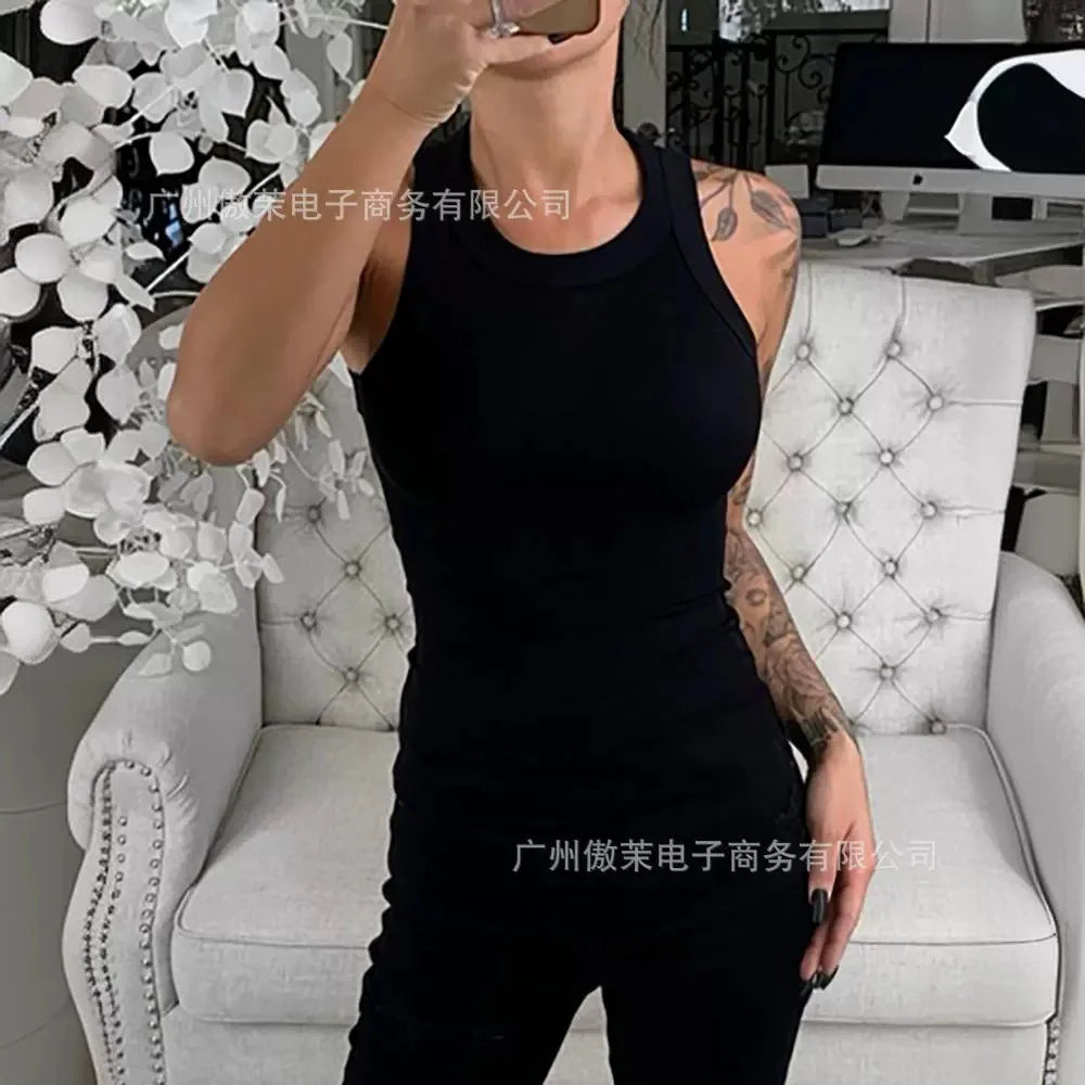 Women Tops Sexy Top Slim Fit Tees Vest Round Neck Sleeveless Tanks Camis Solid Sheath Elegant Splice Tight Waist Summer