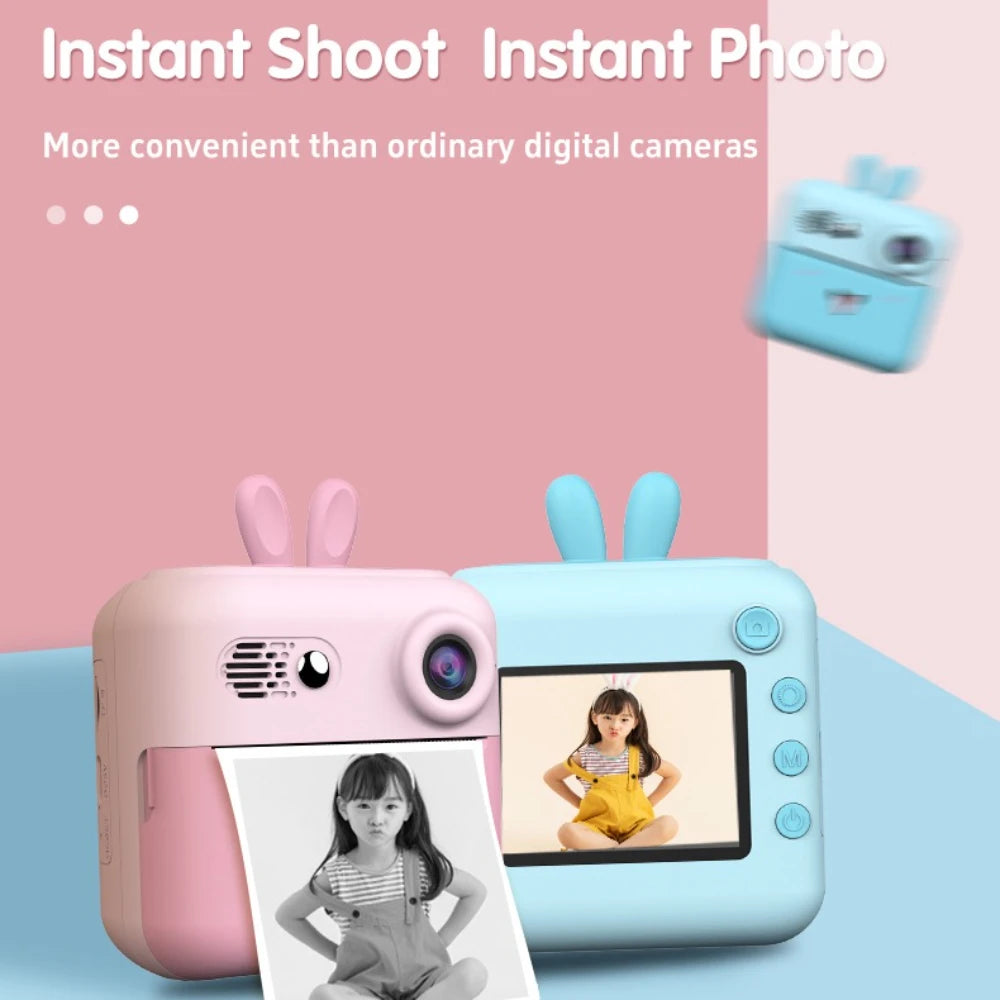 Kids Photo Camera Printer with Game Cute Bunny Mini Digital Video Child Instant Print Camera 4-12 Years Kids Girls Boyes Gifts