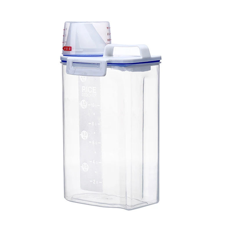 1.5kg/2kg Dog Cat Food Storage Container Plastic Pail With Measuring Cup Airtight Moisture Proof Pet Supplies Kitchen Jar