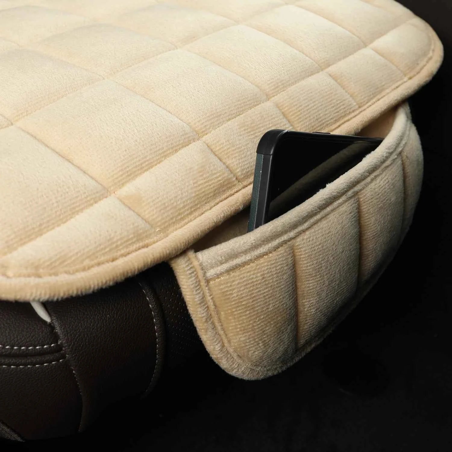1 piece of plaid embroidered short pile without backrest, warm and comfortable, universal car cushion with storage bag, suitable