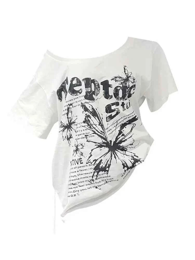 White Cotton Y2k Vintage Oversize Off shoulder Short sleeve T shirt With Print Women Casual Summer Top Butterfly Tees