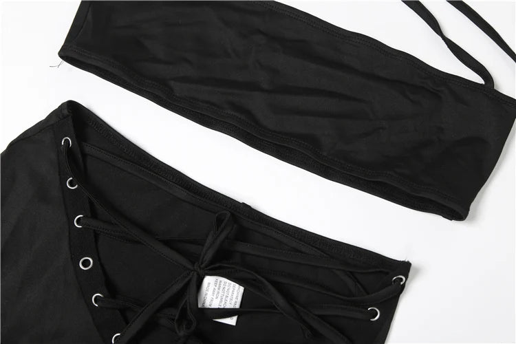 Weird Puss Sexy 2piece Set Women Hipster Halter Camisole+Shirring Hollow Pants Midnight Matching Stretch Clubwear Skinny Outfits