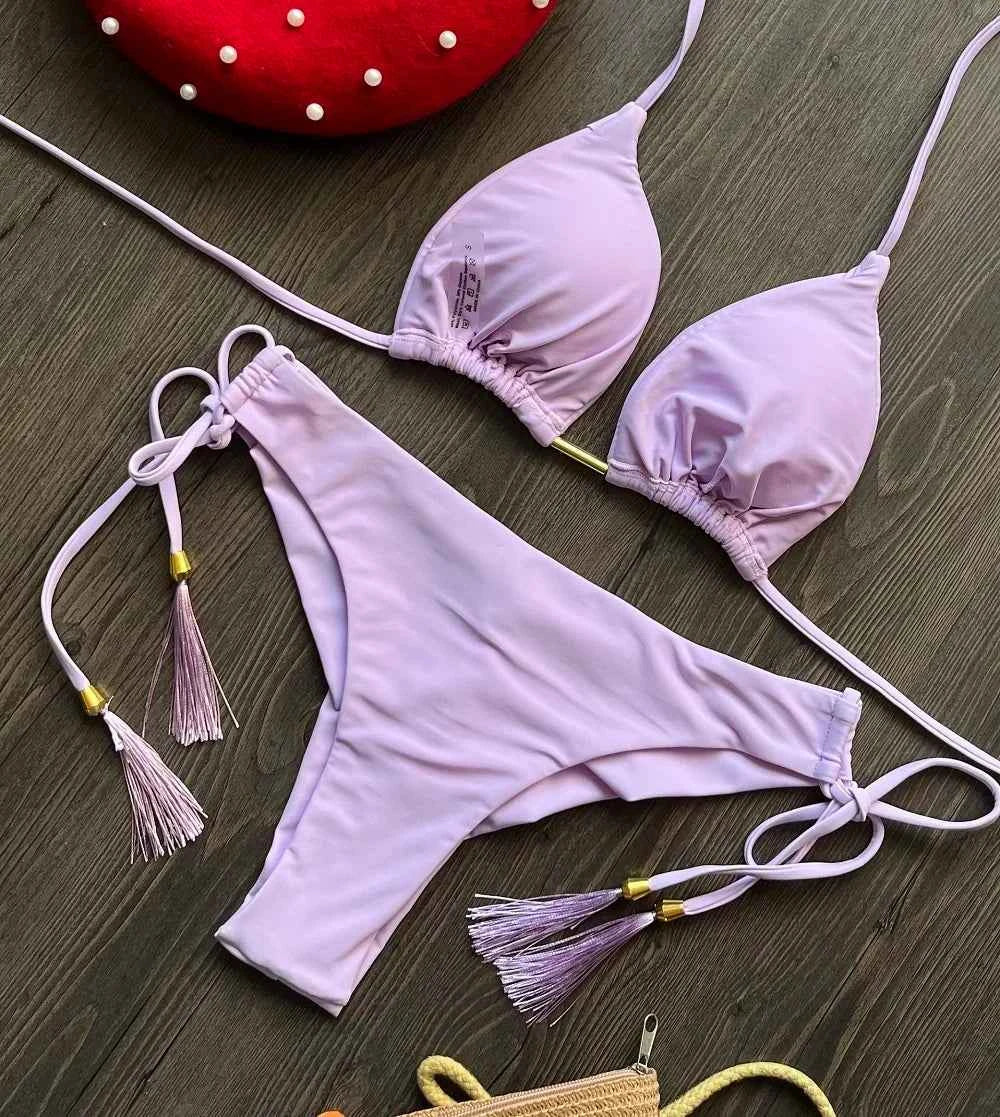 2024 sexy women bikini, brazilian triangle bikini, push-up swimsuit, metal chain beach bikini