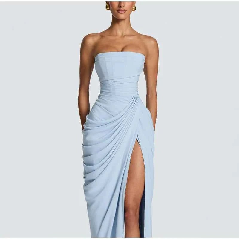 Lady Sexy Strapless Split Solid Pleated Dress Women Chic Backless High Waist Off-shoulder Dresses 2026 New Evening Party Gowns