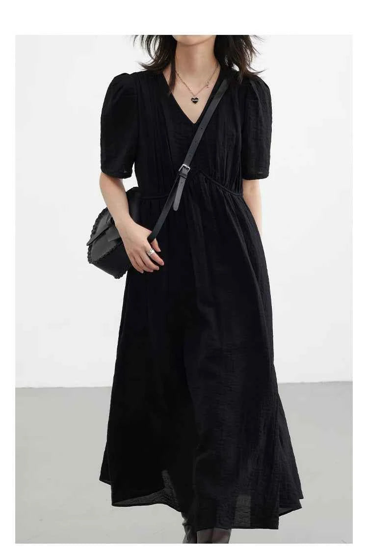 CHIC VEN Women Dresses French Style Vintage V-neck Puff Sleeve Long Dress Solid Black Loose Female Clothing Summer New 2023