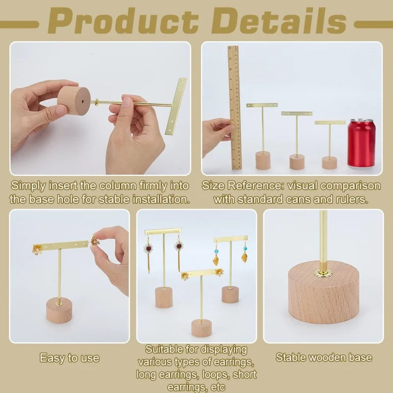 Metal T Bar Earring Display Stand Jewelry Stand with Wooden Round Base Earring Hanging Holders Jewelry Organizer