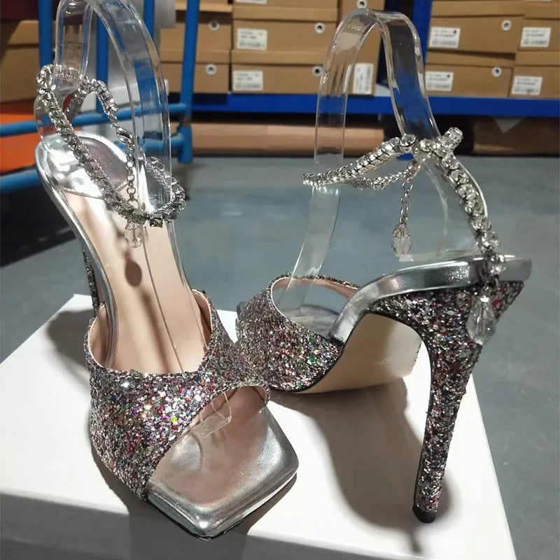 Colorful Chain Water Diamond Sandals Brand Walk Show Fish Mouth Evening Dress Elegant High Heels 2023 New Pendant Women's Shoes