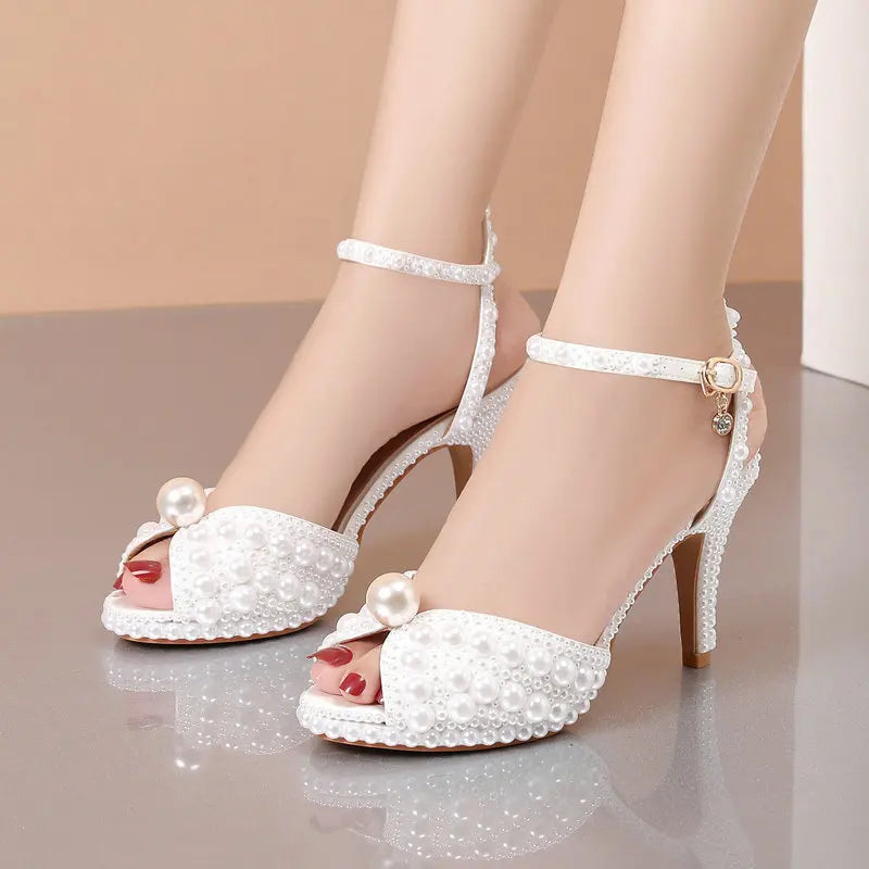 2025 Autumn New Fish Mouth High Heels Waterproof Platform Shallow Mouth 8.5cm Pearl Women'S Single Shoes Bride Wedding Shoes