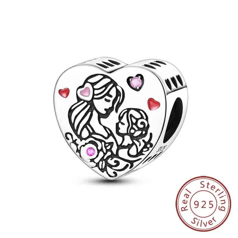 Original 925 Sterling Silver Charm Bead Mother's Day Love Heart Family Charm Bead Pendant Fits Bracelet Womens Jewelry Gifts