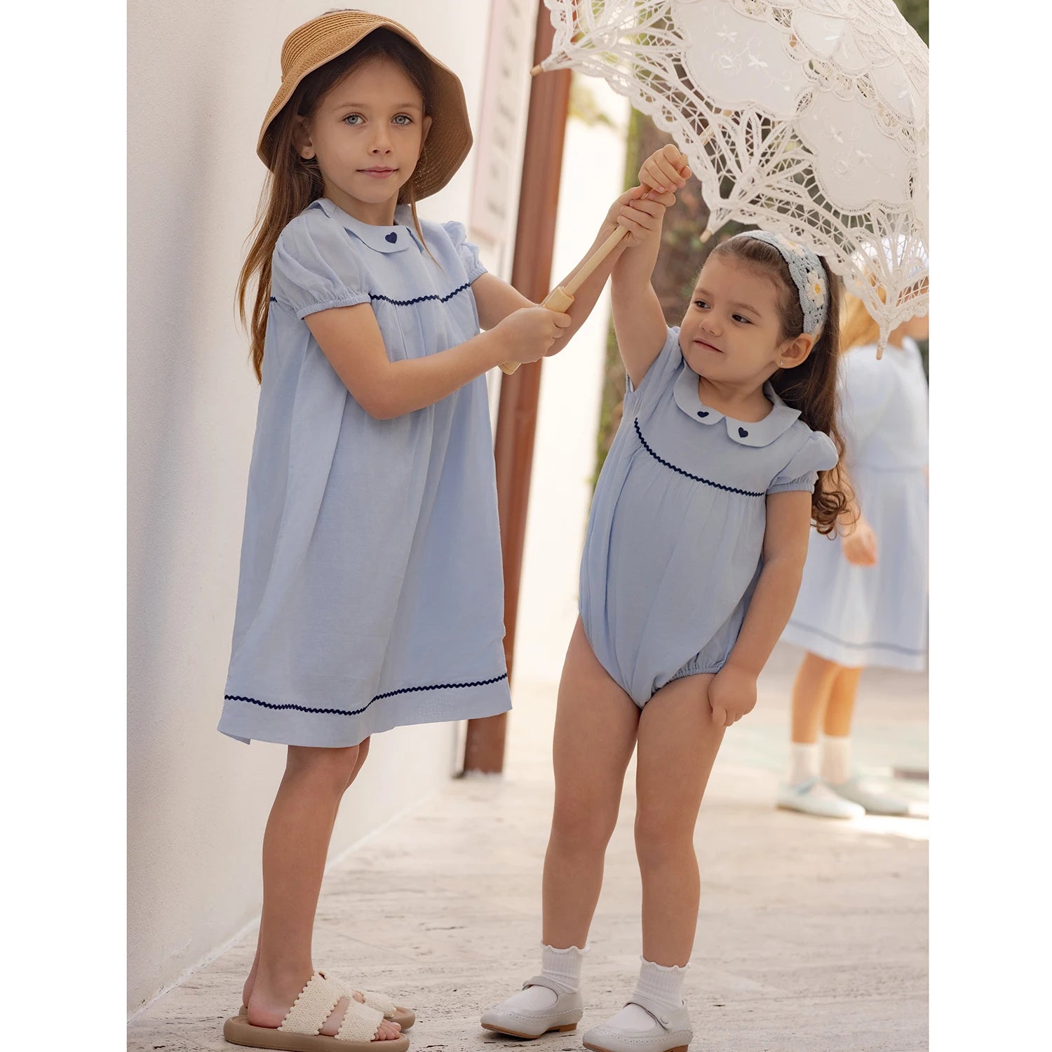 AP Barcelona Blue Collection Girls Dress Embroidery Brothers Sisters Family Matching Clothing Boys Plaid Set Knit Top