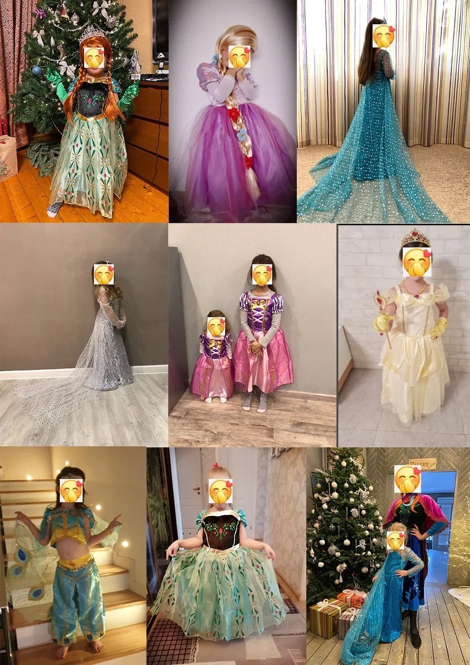 Girl Princess Cinderella Dress Elsa Anna Mermaid Jasmine Belle Snow White Costume Girls Birthday Party Halloween Dress 2-10 Year