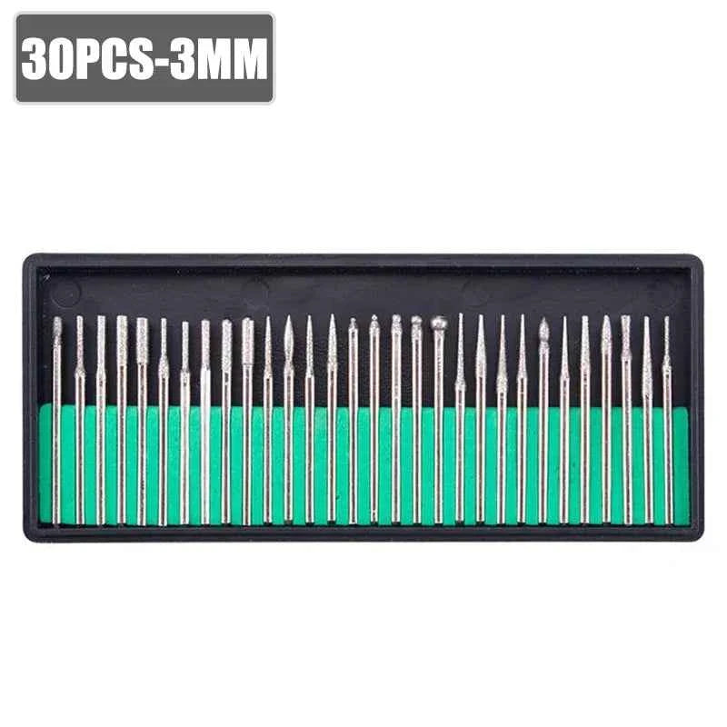 30pcs Diamond Burr Set with Case – 2.35/3mm Shank for Dremel & Rotary Tools, High Abrasive Grinding Polishing Drill Bits