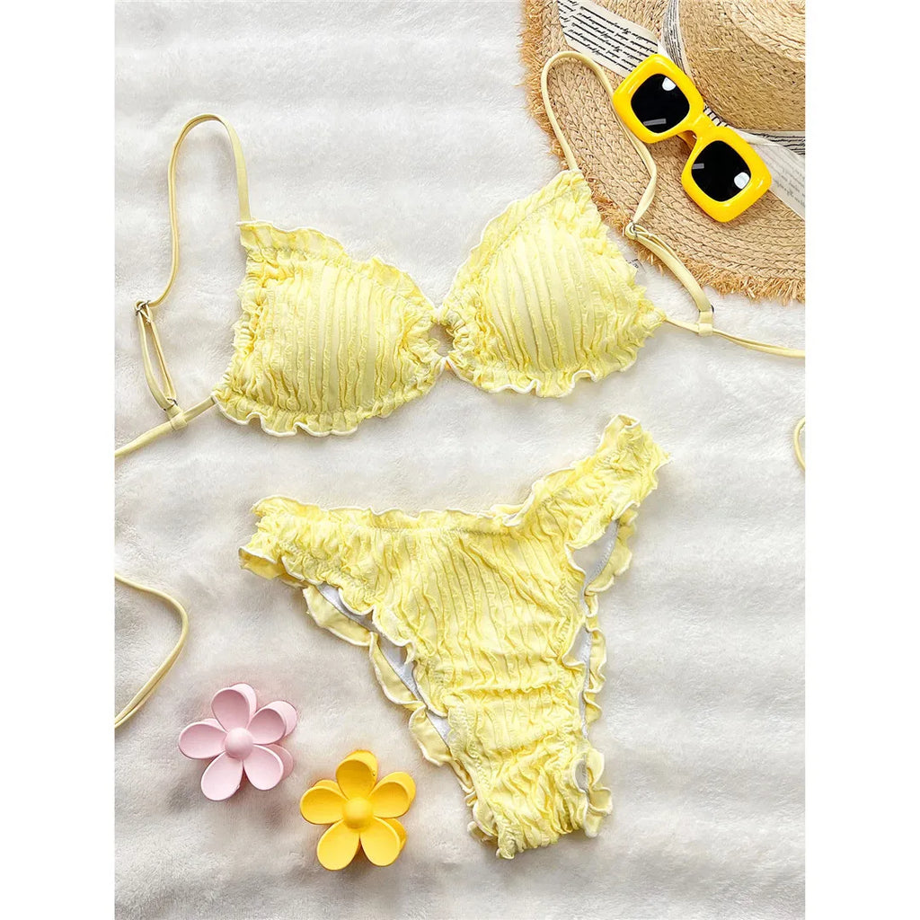 Wrinkled Crinkled Frilled Bikini Female Swimsuit Women Swimwear Two-Pieces Bikini Set Brazilian Bather Bathing Suit Swim V8053
