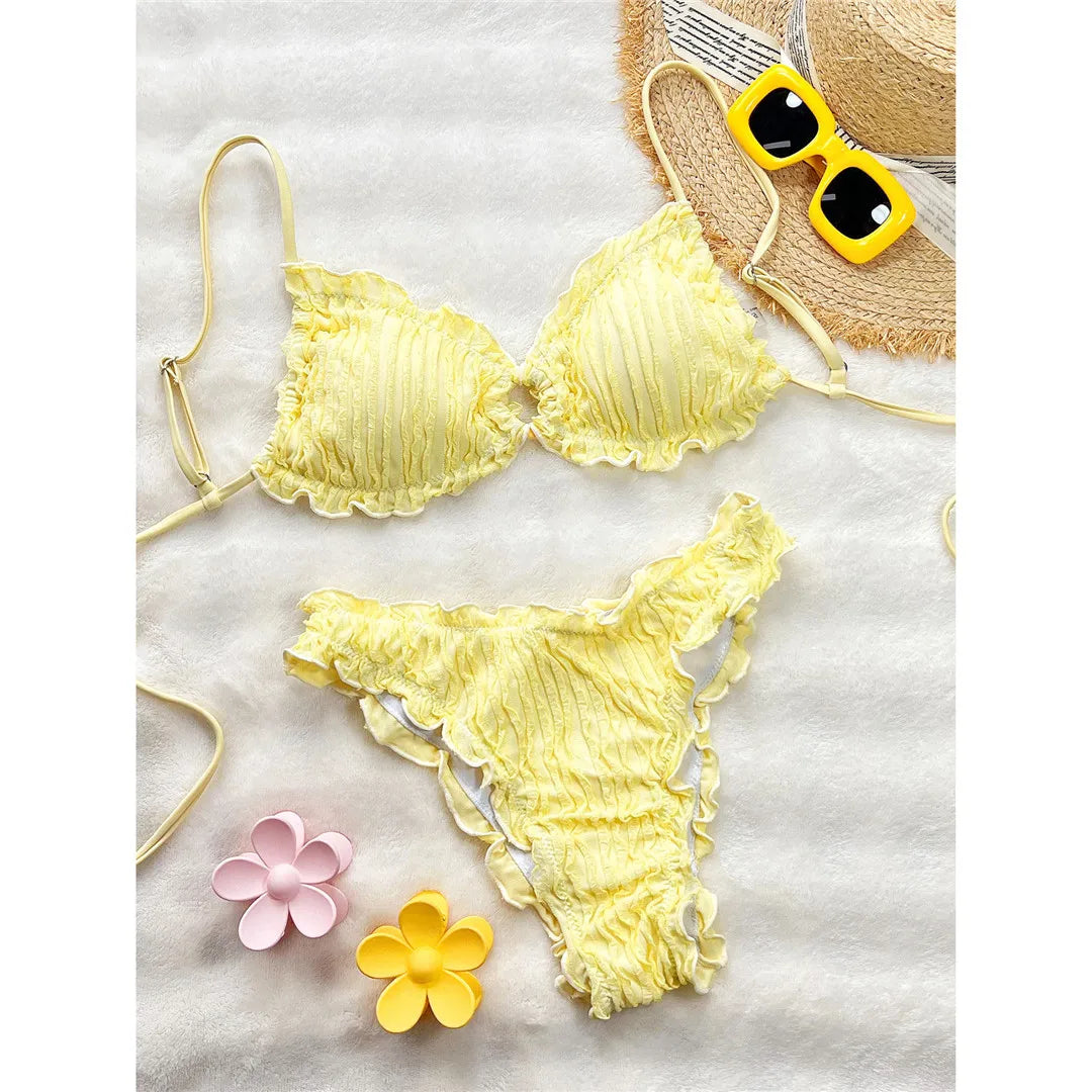 Wrinkled Crinkled Frilled Bikini Female Swimsuit Women Swimwear Two-Pieces Bikini Set Brazilian Bather Bathing Suit Swim V8053