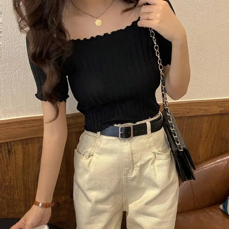 Off The Shoulder Top Women Knitted Sexy Short Sleeve Slim Fit T-Shirts Crop Top Y2k Top Summer Clothes Korean Casual Tees Female