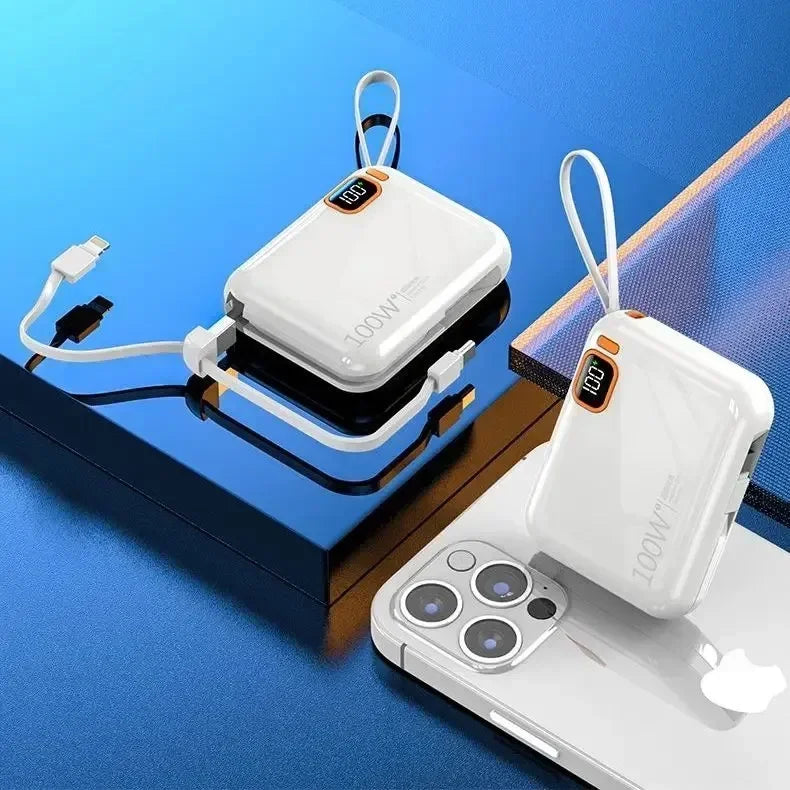 WHITE Color Portable 20000mAh Power Bank With Built-In Cables