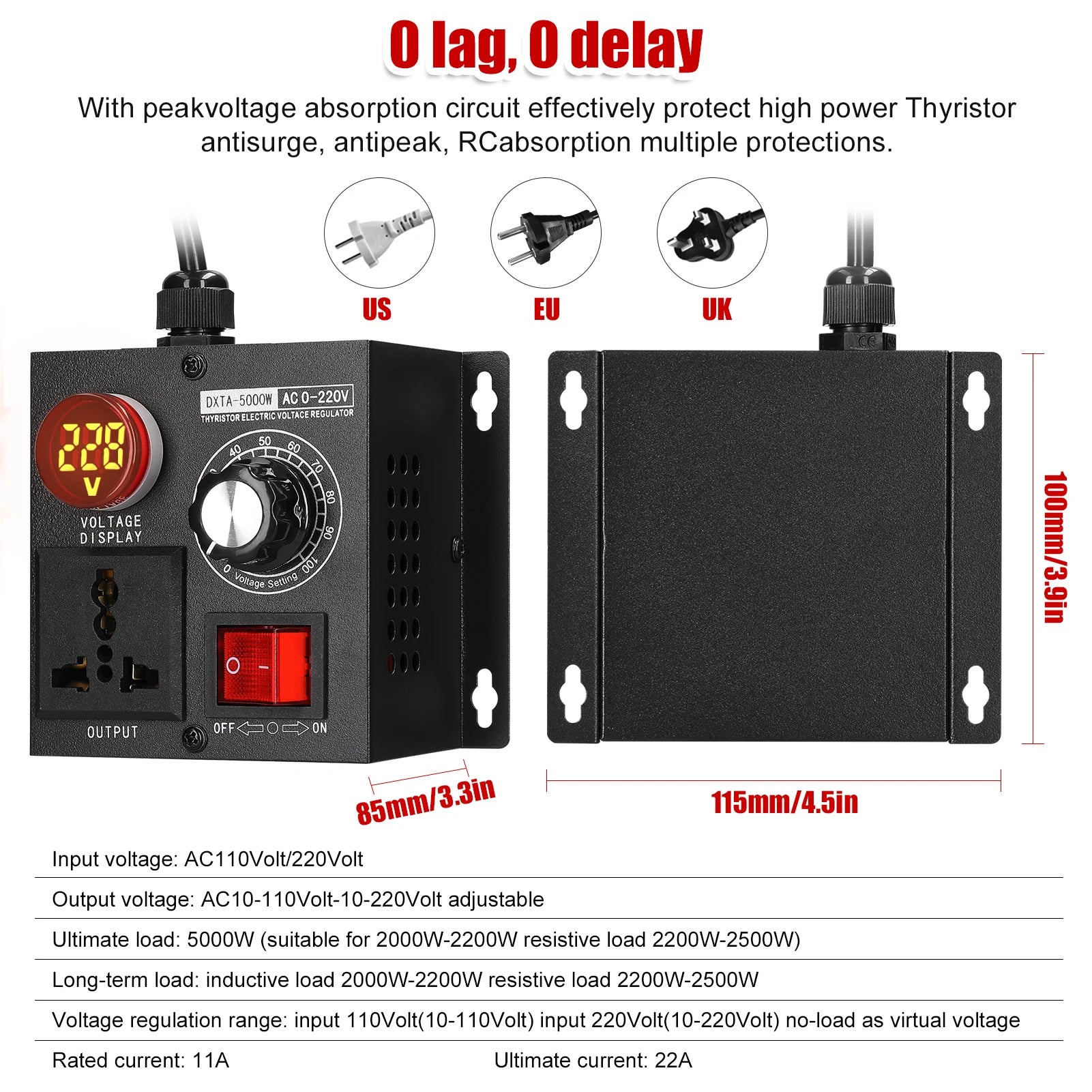 Portable Variable Monophase Voltage Controller Temperature Speed Light Adjuster AC220V 5000W Stepless Voltage Regulator