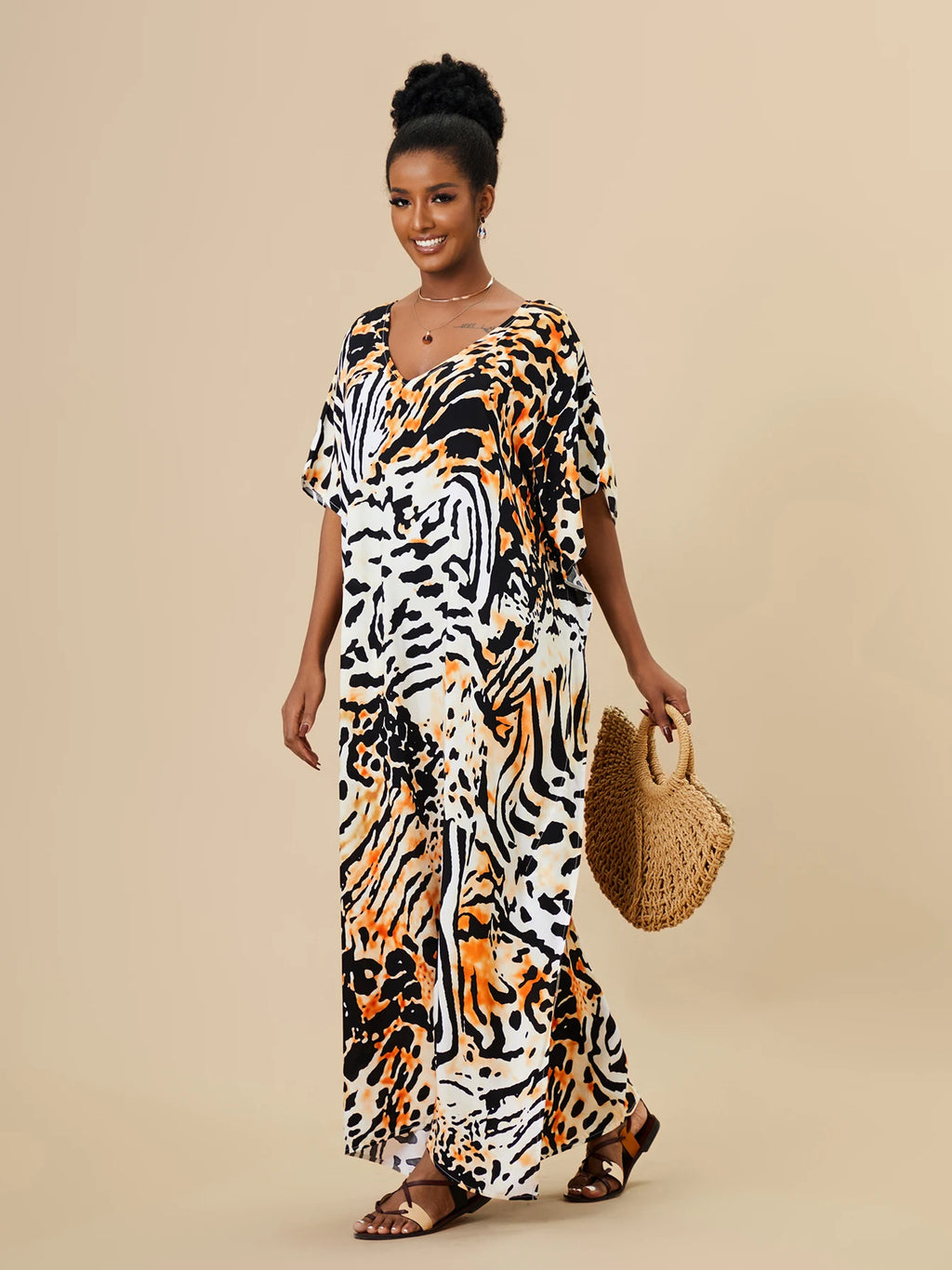 EDOLYNSA 2023 Bohemian Printed Loose Kaftan Casual Summer Vacation Maxi Dress Women Clothing Beach Wear Swim Suit Cover Up Q1469