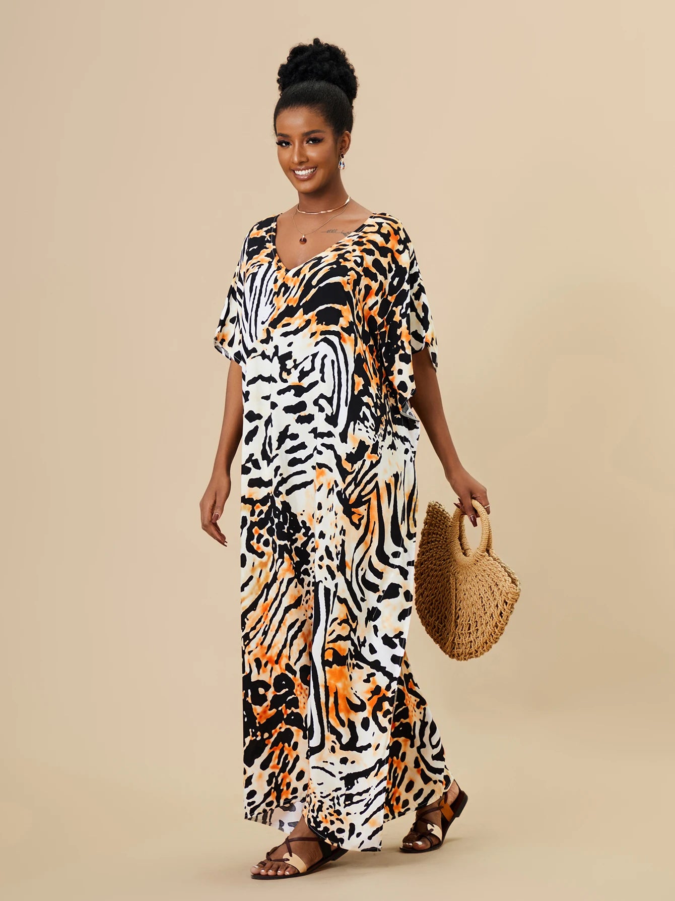 EDOLYNSA 2023 Bohemian Printed Loose Kaftan Casual Summer Vacation Maxi Dress Women Clothing Beach Wear Swim Suit Cover Up Q1469