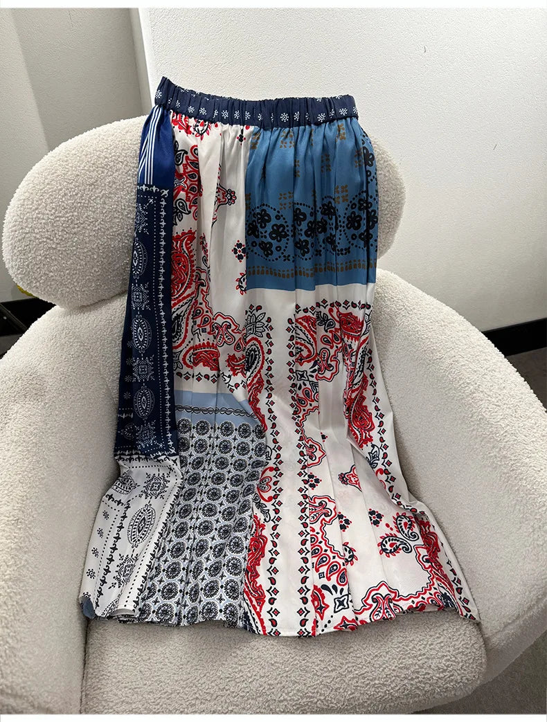 2025 Early Autumn New Design Limited Edition Color-Plaid Retro Print A-line Long Dress Loose Half-Length Skirt Women