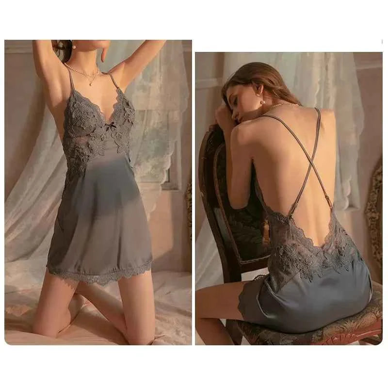 With Chest Pads Suspender Pajama Nightgown Women Sexy Lace Nightdress Deep V Embroidery Sexy Dress Home Clothes Sleepwear