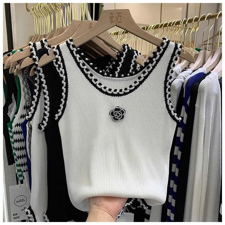 Women Summer Thin Curved Beads Knitted Vest Sleeveless Knit Camisole Tops Female O-Neck Outer Wear Inner Top Tank Rose