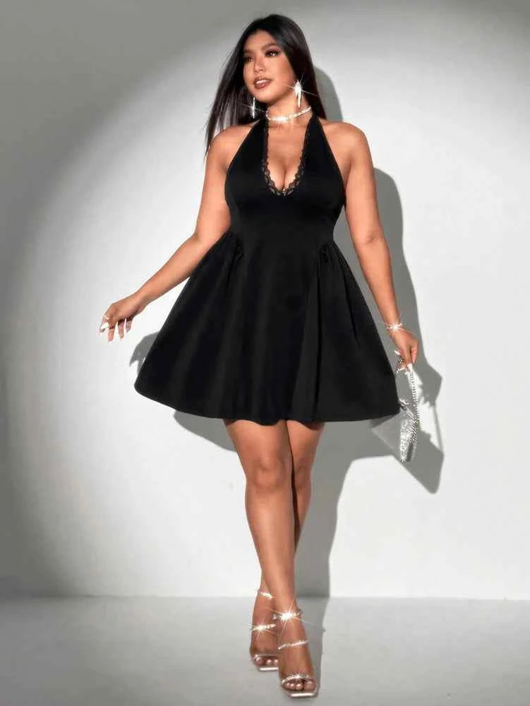 Plus Size Spring/Summer New Arrival Dress V-neck Sensual Lace-trimmed Sleeveless Puff-skirt Evening Gown Solid Colour