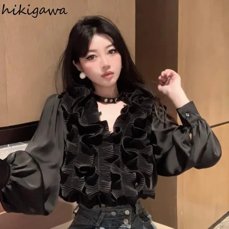 Temperament Lady Tops Blouses for Women V-neck Long Sleeve White Shirts 2025 Blusas Mujer De Moda Ruffles Loose Summer Blouse