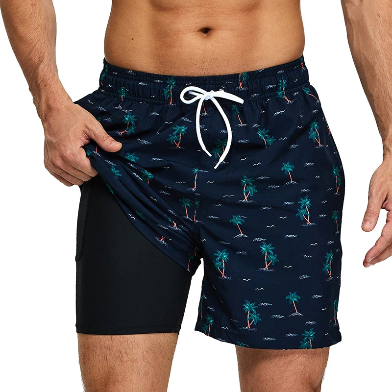 ESCATCH 2026 Summer New Arrival Mens Shorts 2 in 1 Quick Dry Gym Printing Swim Trunks Beach Side Zipper Pockets Swimsuit