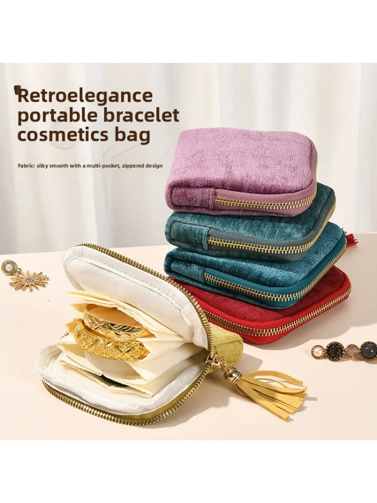 Tassel Jewelry Organizer Bag Portable Travel Case with Metal Zipper for Bracelets Jade Bangles Necklaces Rings Storage Pouch