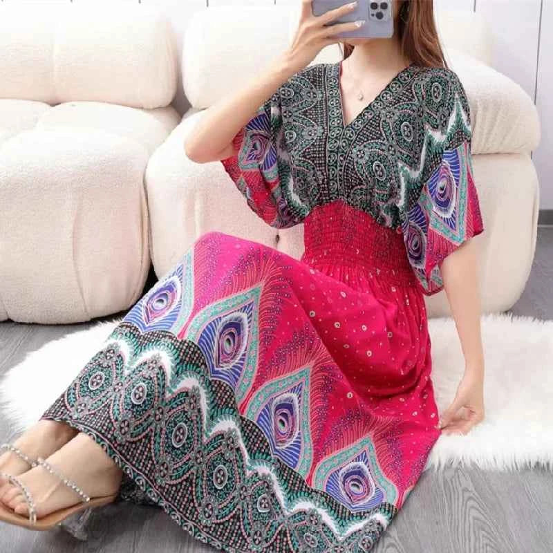Colorful Flower V-neck Elastic Youthful Bohemian Sweet Midi Dress Woman Clothes Chic Fashion Summer Dresses 2025 Large Swing Ski