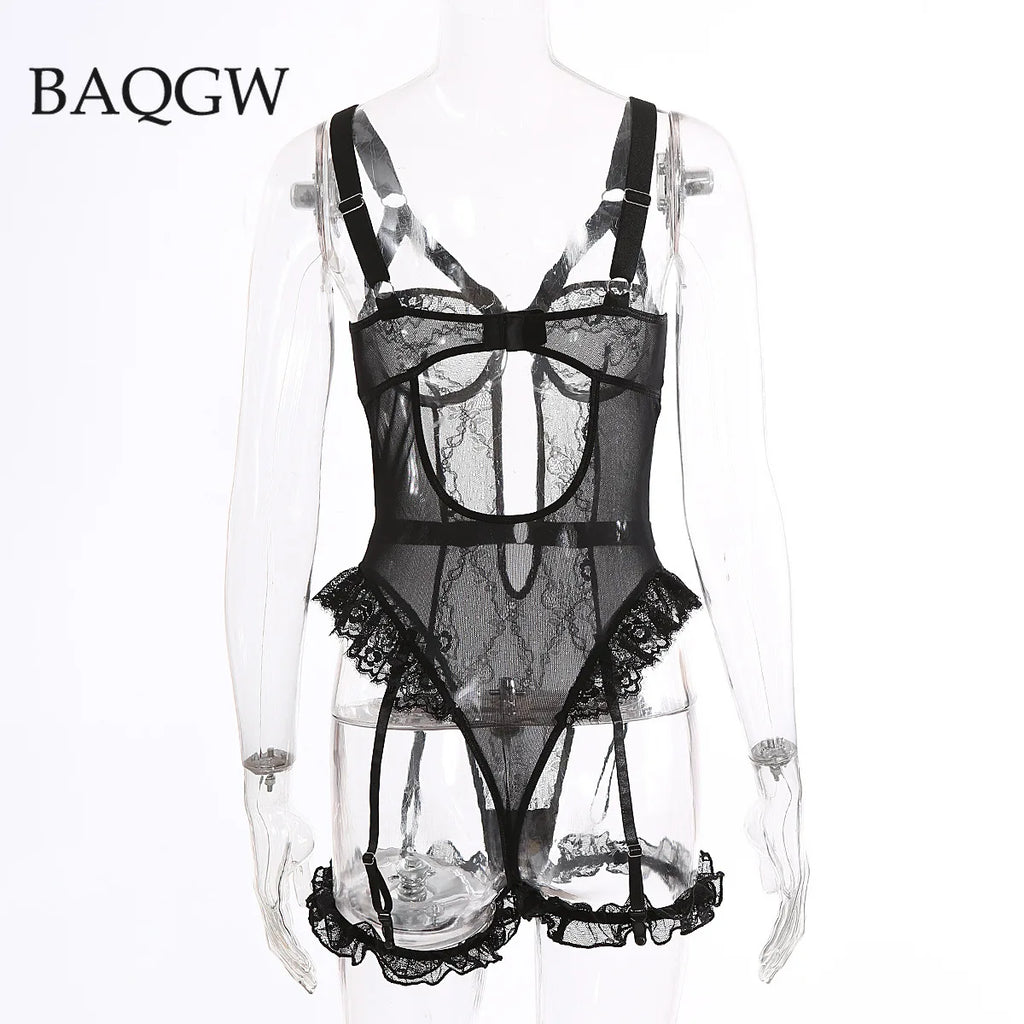 Pink Embroidery Floral Backless Sexy Mesh Sheer See Through One-piece Rompers Women Sexy Lingerie Slim Bodysuit Female Clubwear