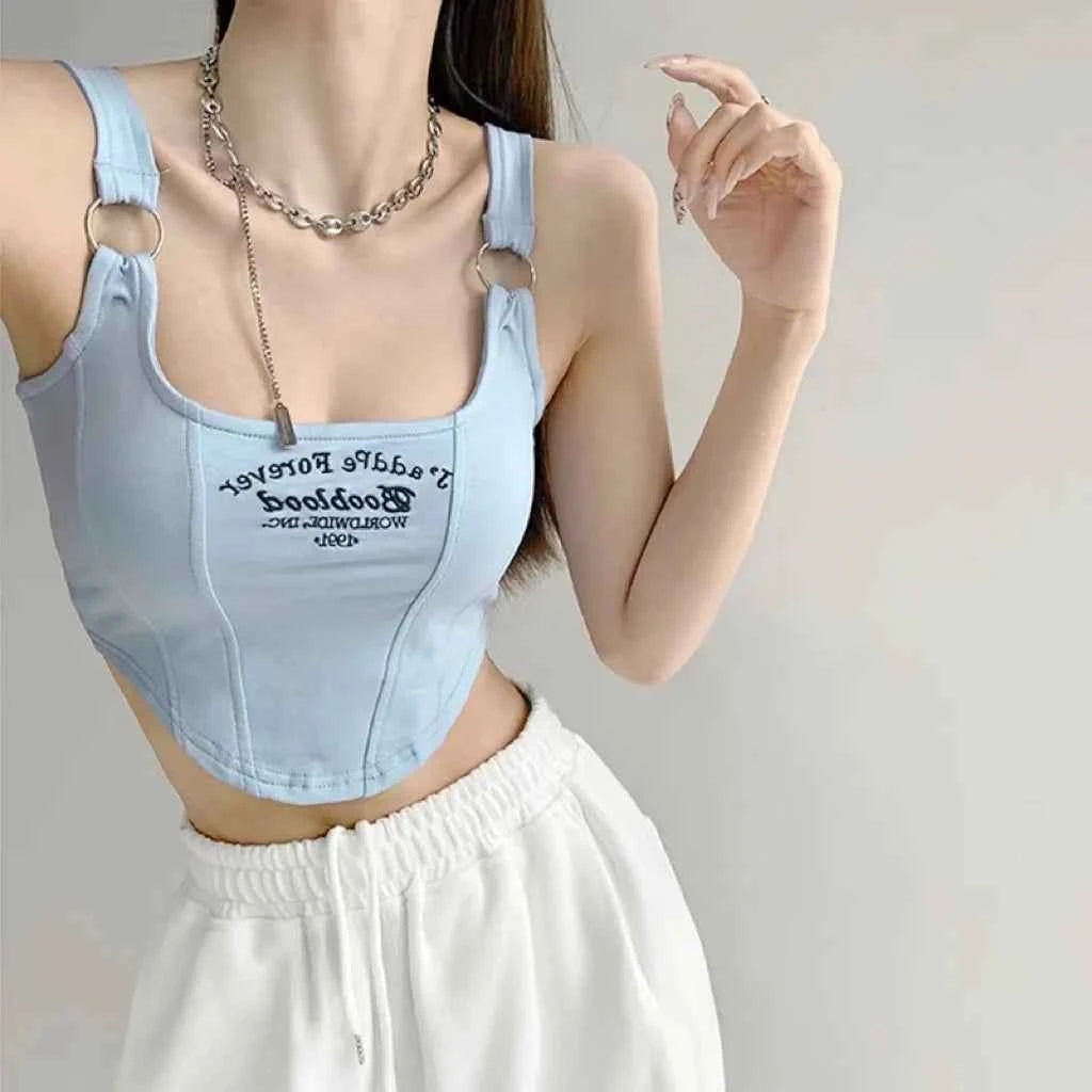 Women Crop Top Summer Y2K Lrregular Hem Slim Tank Tops Casual Sexy Female White Streetwear Letter Tank Tops With Pad Woman
