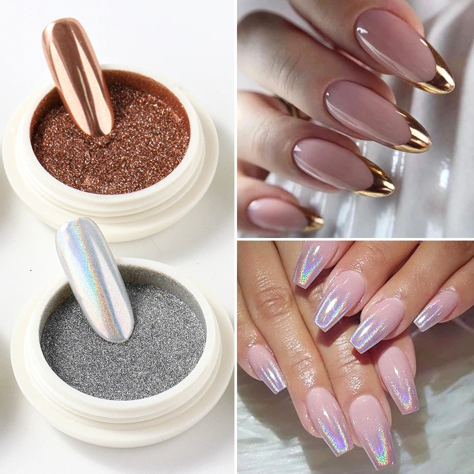 Chrome Mirror Nail Powder Set – Holographic Aurora Effect