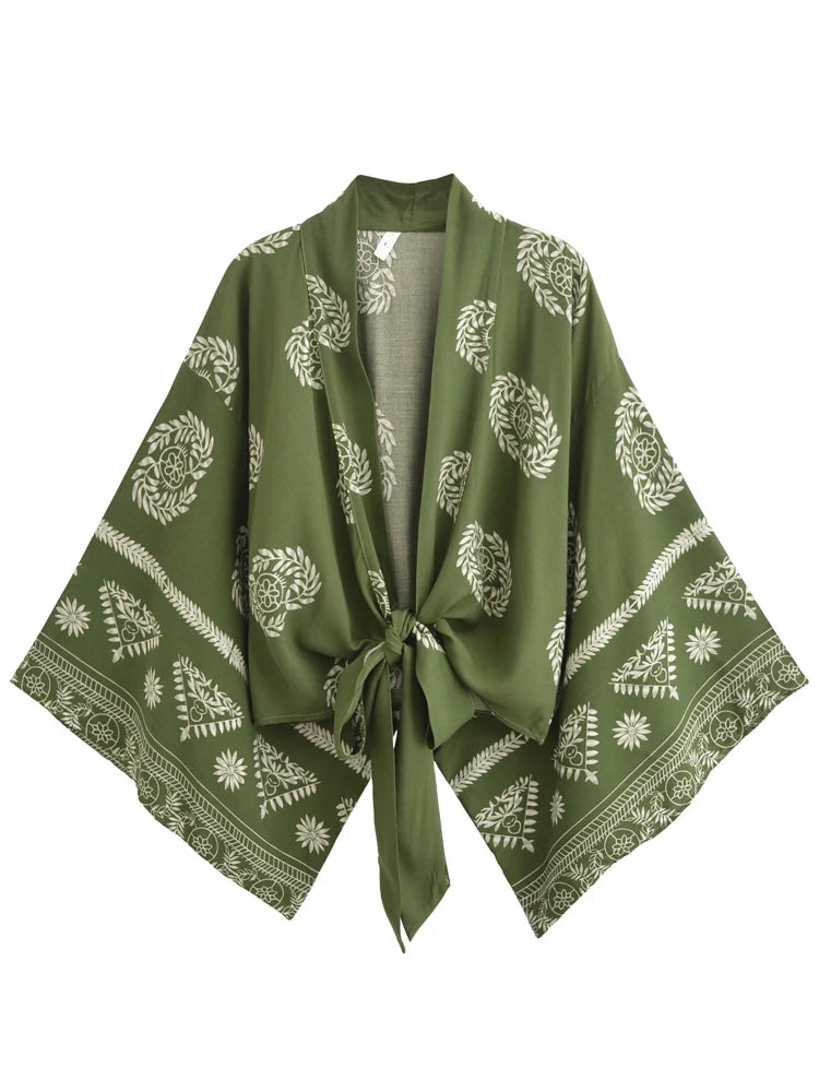 Vintage Women Fashion Boho Kimono Short Robe Swimsuits Floral Print Batwing Sleeves Bohemian Bikini Cover-Ups Beachwear