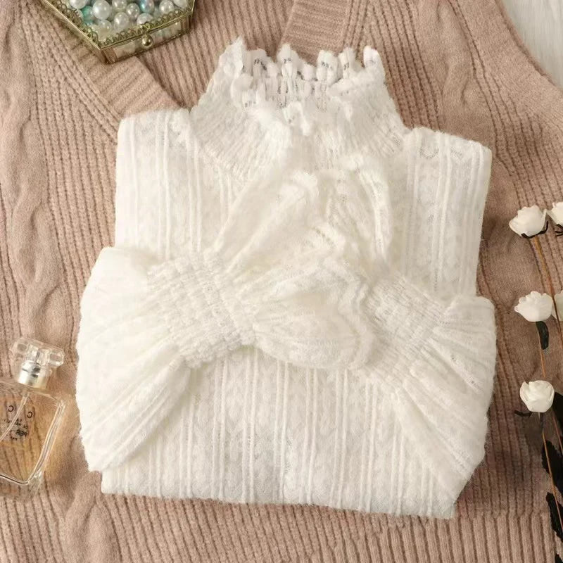 Lace Half Turtleneck Knitted Sweater Women Fall Winter Thick Warm Long Sleeve Pullover Korean Chic Slim Hollow Out Jumper New
