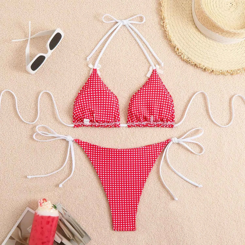 Circyy 2026 Bathing Suit Women Plaid Dot Split Swimsuit Neck-mounted Bow Tie Beachwear Vintage Simple Two-piece Bikinis Summer