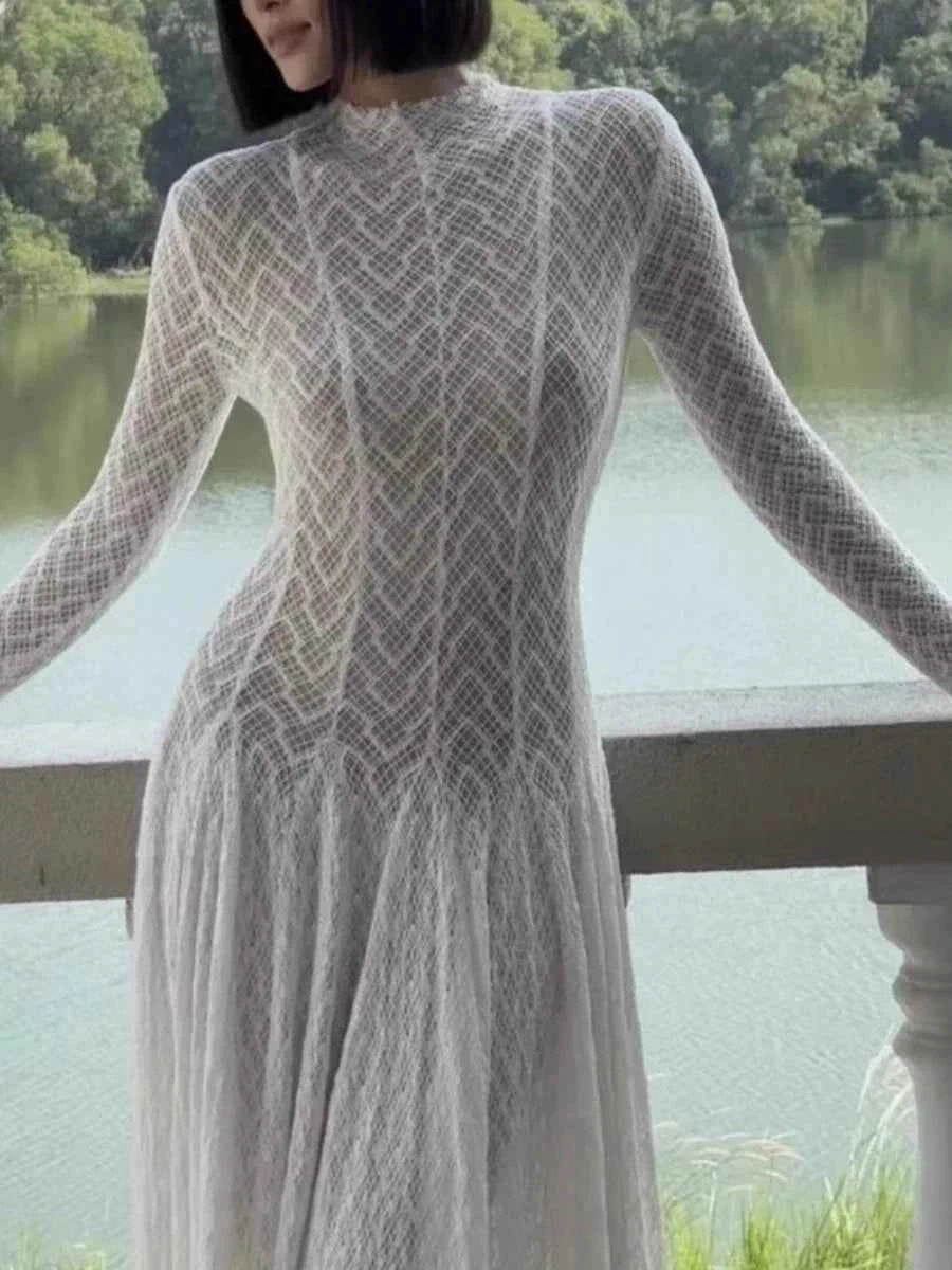 TWOTWINSTYLE Solid Slimming Spliced Ruffles Dresses for Women Round Neck Long Sleeves Patchwork Hollow Out Dress Female Clothing
