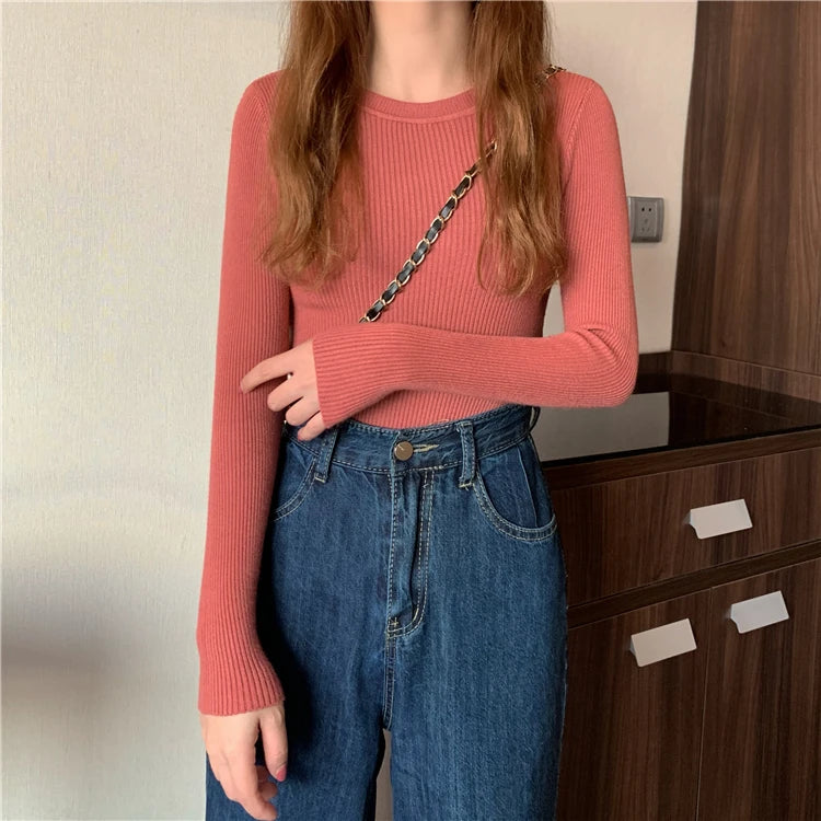 2026 New Women Sweater Autumn Winter Long Sleeve Pullover Basic Top Fashion O-neck Elastic Female Winter Solid Knitted Jumper