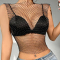 Sexy Top Women Shiny Rhinestone Fishnet Women Y2K Tank Crop Tops See Through Summer Beach Cover Up Tops Party Nightclub Clothing