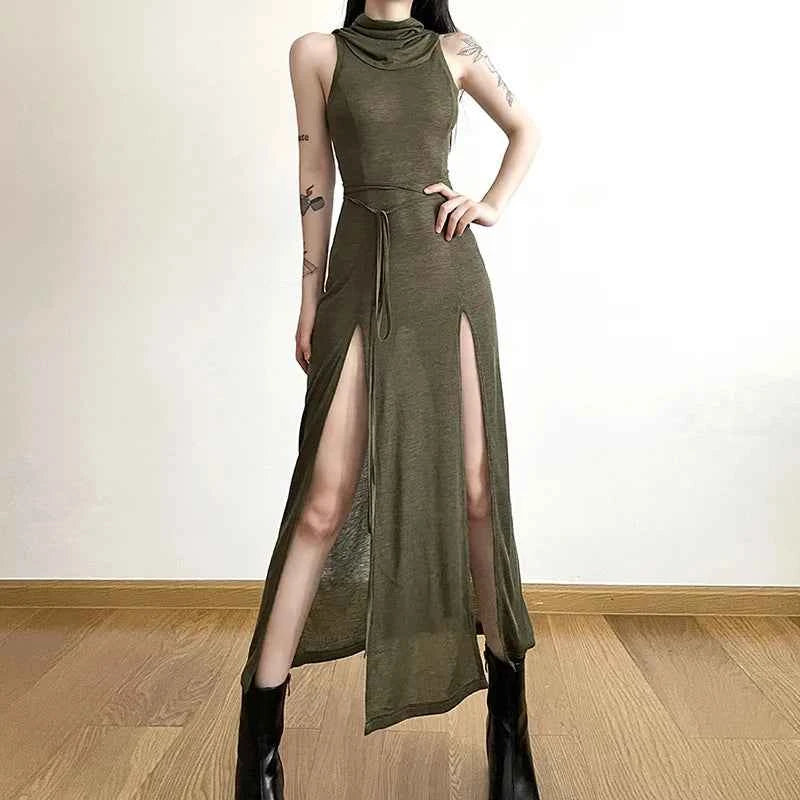 Summer 2023 Sexy European And American Style Sleeveless Hooded Dress Long Split Hollow out Pure Color Women's Gown
