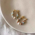 Chic Colorful Stone Beaded Hoop Earrings For Women Sweet Gold Color Metal Earrings Korean Daily Wear Jewelry