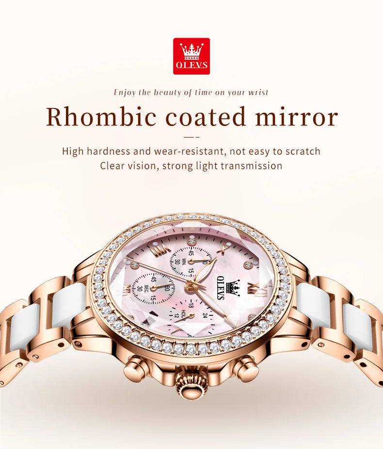 OLEVS 9999 Women Watch Brand Original Elegant Waterproof Chronograph Luxury Ceramic Dress Pink Women Quartz Watch Reloj Mujer