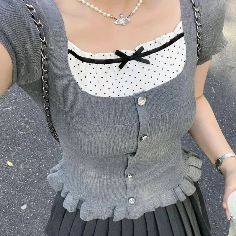 Preppy Kawaii Knitted Crop Tops Puff Sleeve Ruffles Hem Tees Fairy Vintage Y2K Milkmaid Tops Cottage Retro Women T-shirts Korean
