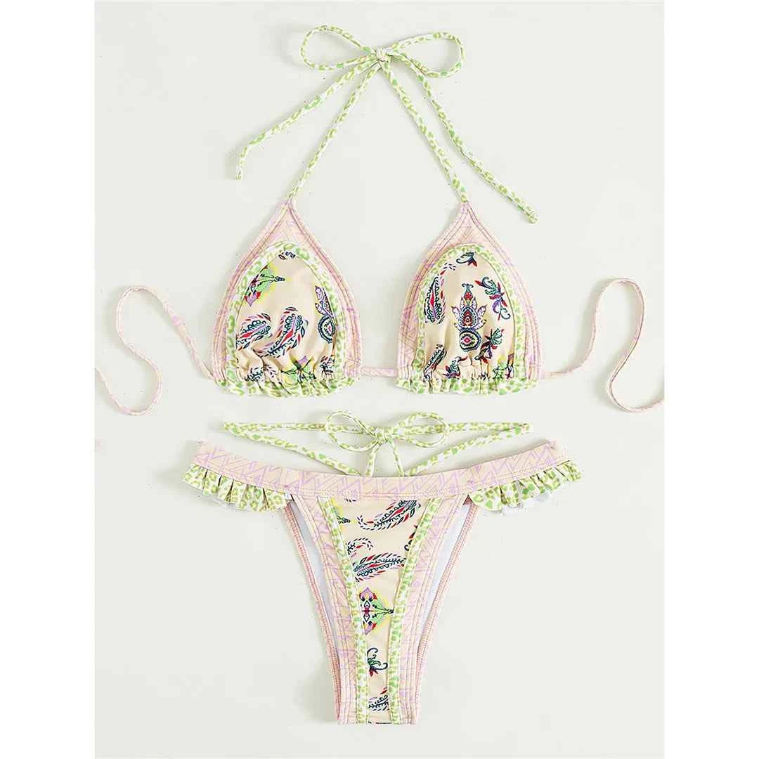 5 Colors Sexy Printed Halter Frilled Bikini Women Swimwear Female Swimsuit Two-pieces Bikini set Bather Bathing Suit Swim V4651
