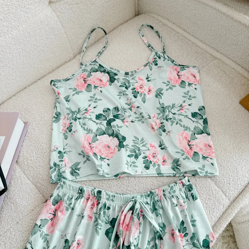 Women Casual Pajama Ladies Sexy Sleepwear Print Round Neck Ice Silk Top T-Shirt and Shorts Sets Breathable Comfortable Home Wear