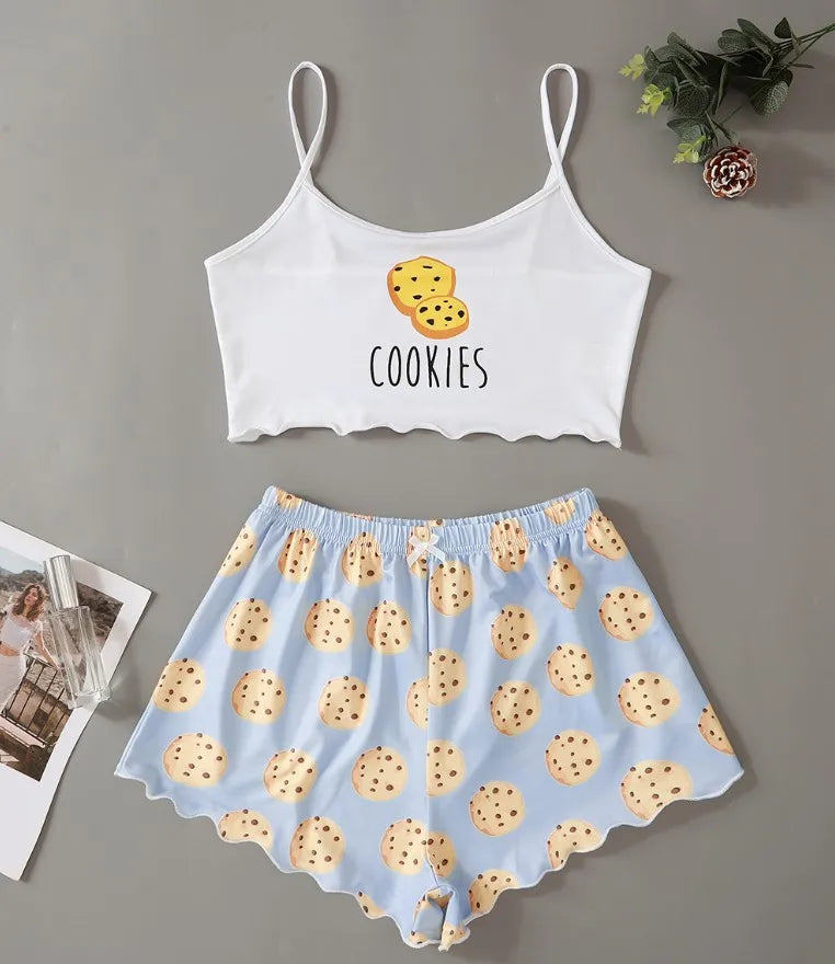 Summer Silk Satin Pyjama Pajamas for Women Sexy Sleepwear Sling Top Shorts Pajama Set Cartoon Pattern Printing 2-Piece Homewear