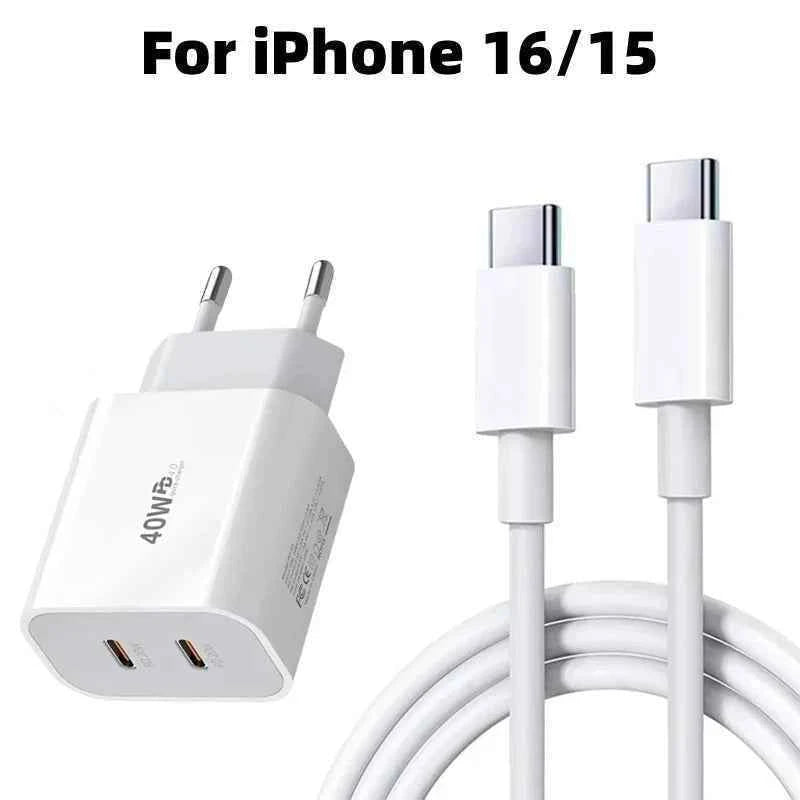 For Original 40W Type C Fast Charger For iPhone 16 15 14 13 12 11 Pro Max Plus PD Charging Cable Charger Phone Accessories