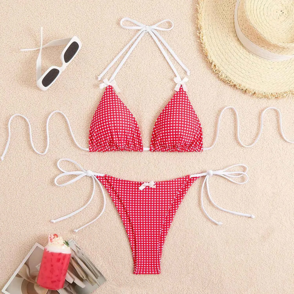 Circyy 2026 Bathing Suit Women Plaid Dot Split Swimsuit Neck-mounted Bow Tie Beachwear Vintage Simple Two-piece Bikinis Summer